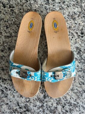 Dr. Scholl's Turquoise Floral Slide Mules with Metal Buckles